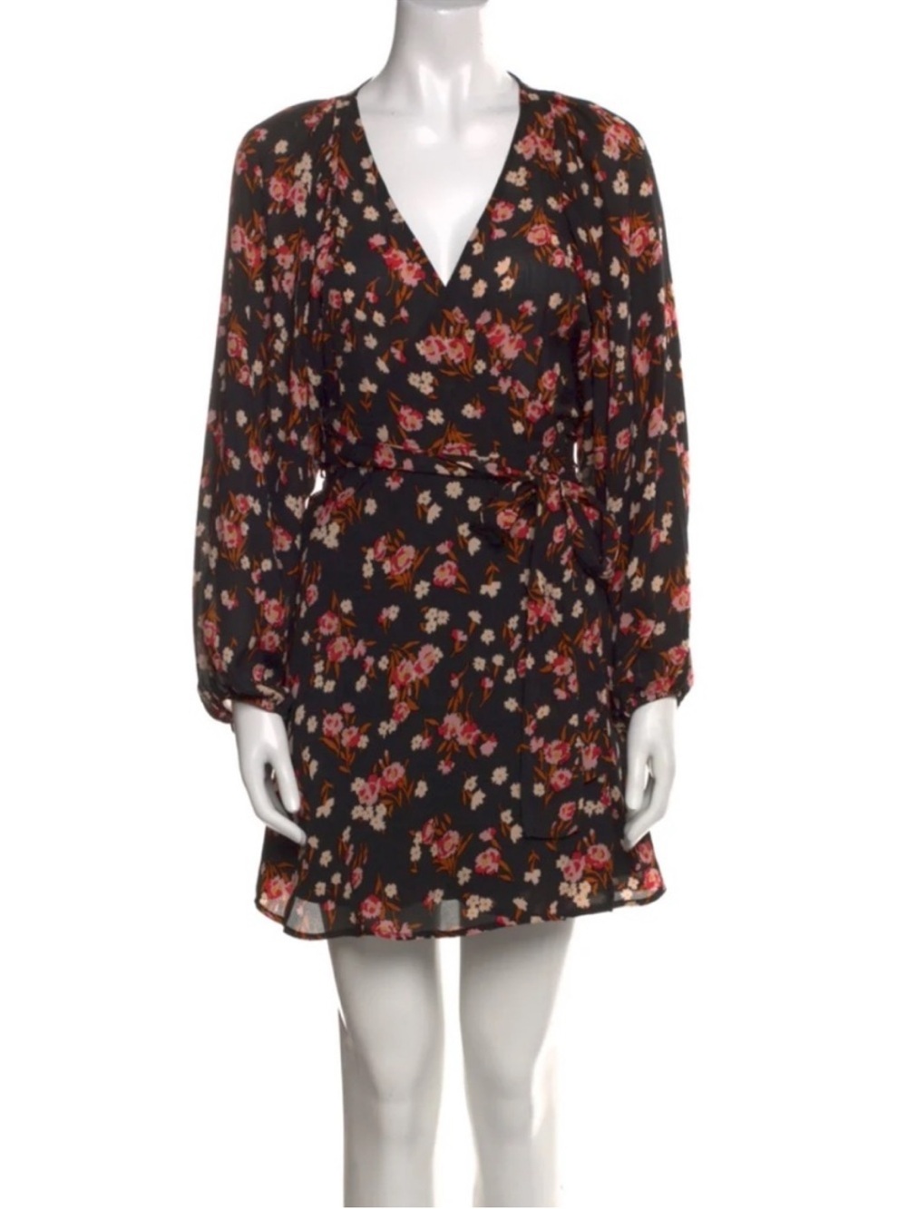 A.L.C Carlo Silk Wrap Dress Black Pink Floral Long Sleeve V-Neck Tie Waist Mini - Picture 3 of 8